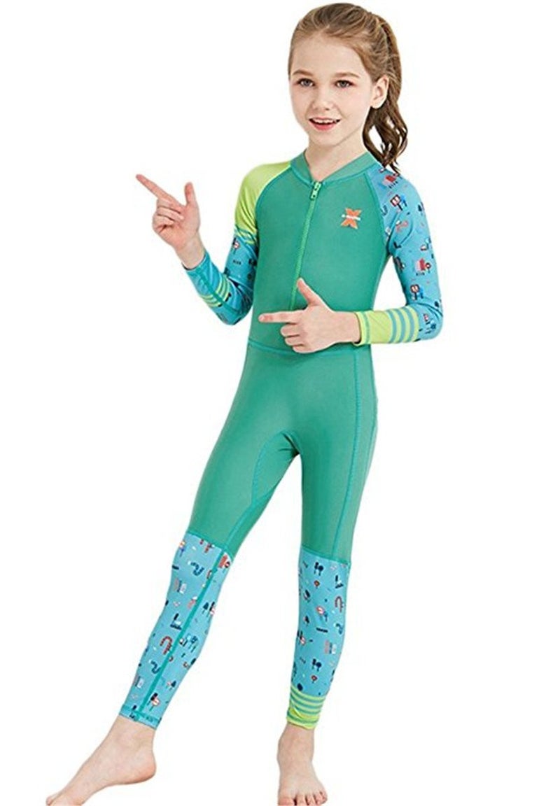 Jeleuon Youth Girls Boys One Piece Water Sports Sun Protection Rash Guard UPF 50+ Long Sleeves Full Suit Swimsuit Wetsuit Swimwear Green - Image 2